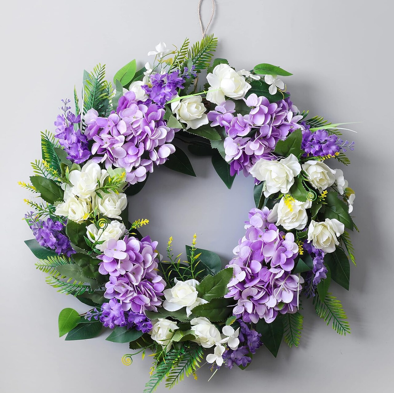 Summer Floral Wreaths for Front Door Green Plant Purple Hydrangea Weaths 18 inch on Grapevine Base, Perfect for Summer Wreaths Outdoor,Indoor and Farmhouse Decoration